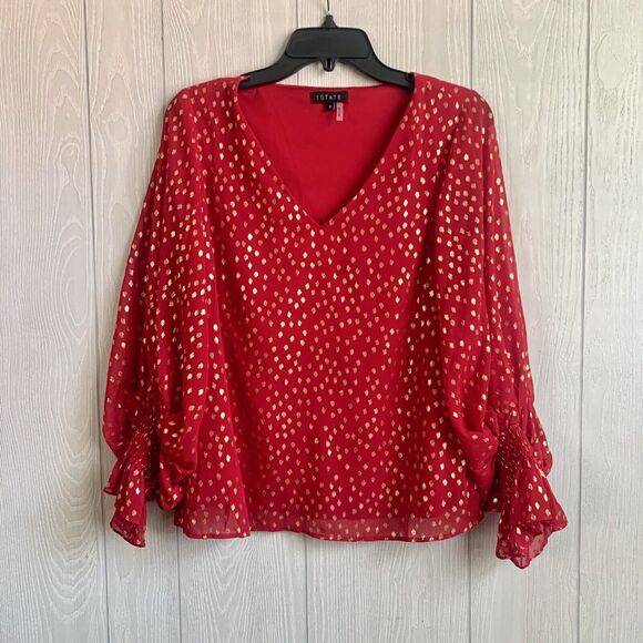 1. State Red/Gold Polka Dot V-Neck Long Sleeve Top Small - Picture 1 of 3